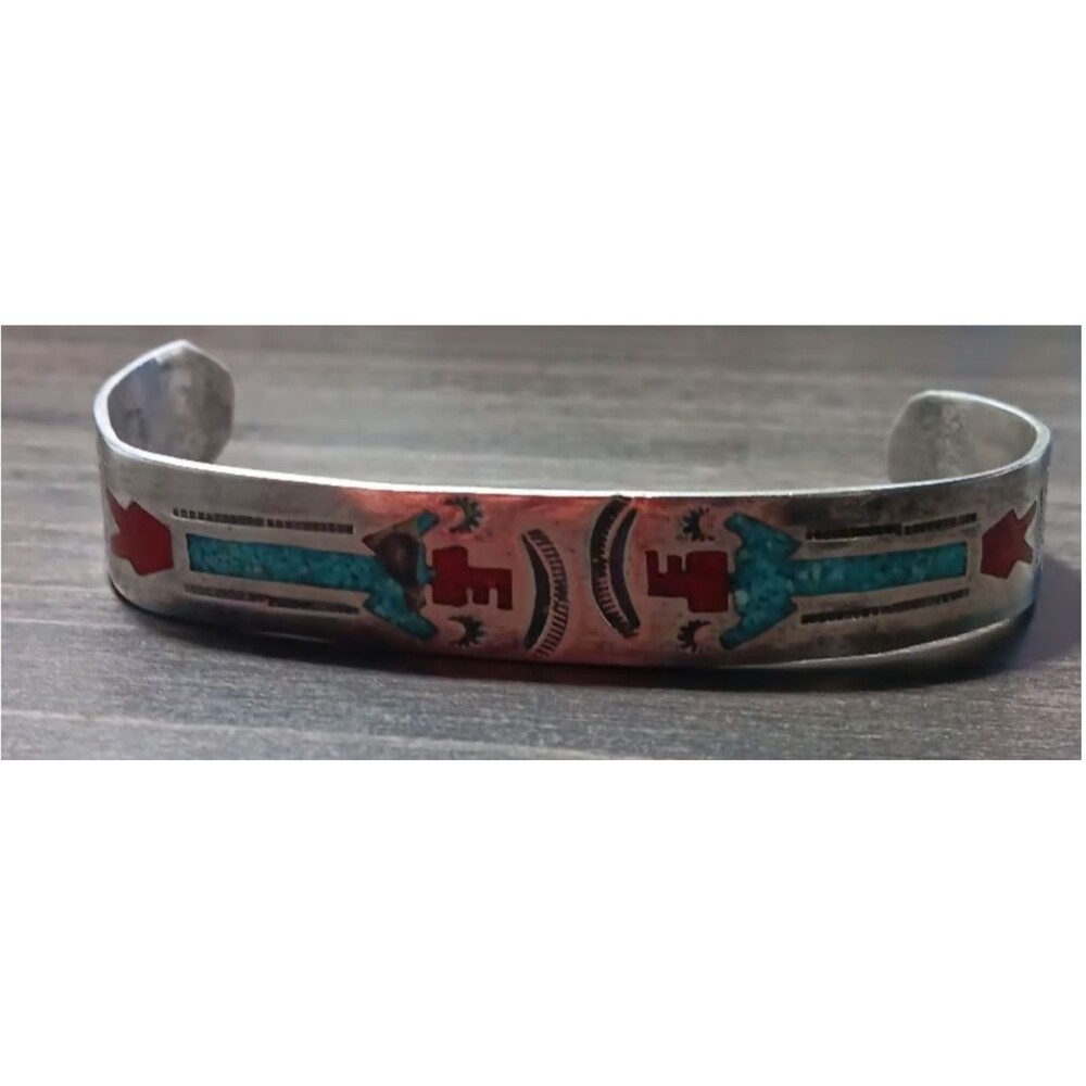 Red And Turquois Native American Navajo Pewter Cuff Bracelet